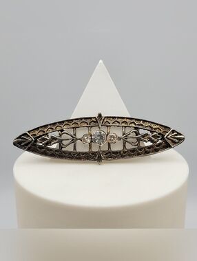 Vintage Art Deco-Style Navette Bar Brooch Rhinestone Openwork Silver Tone 3"